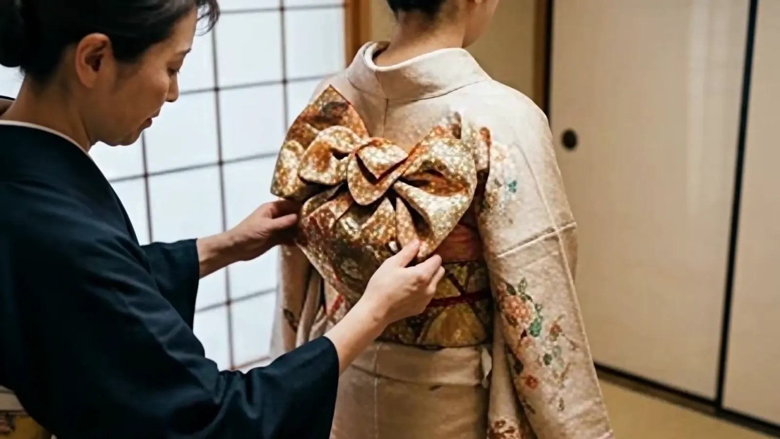 着付け師が女性の帯を結んでいる様子