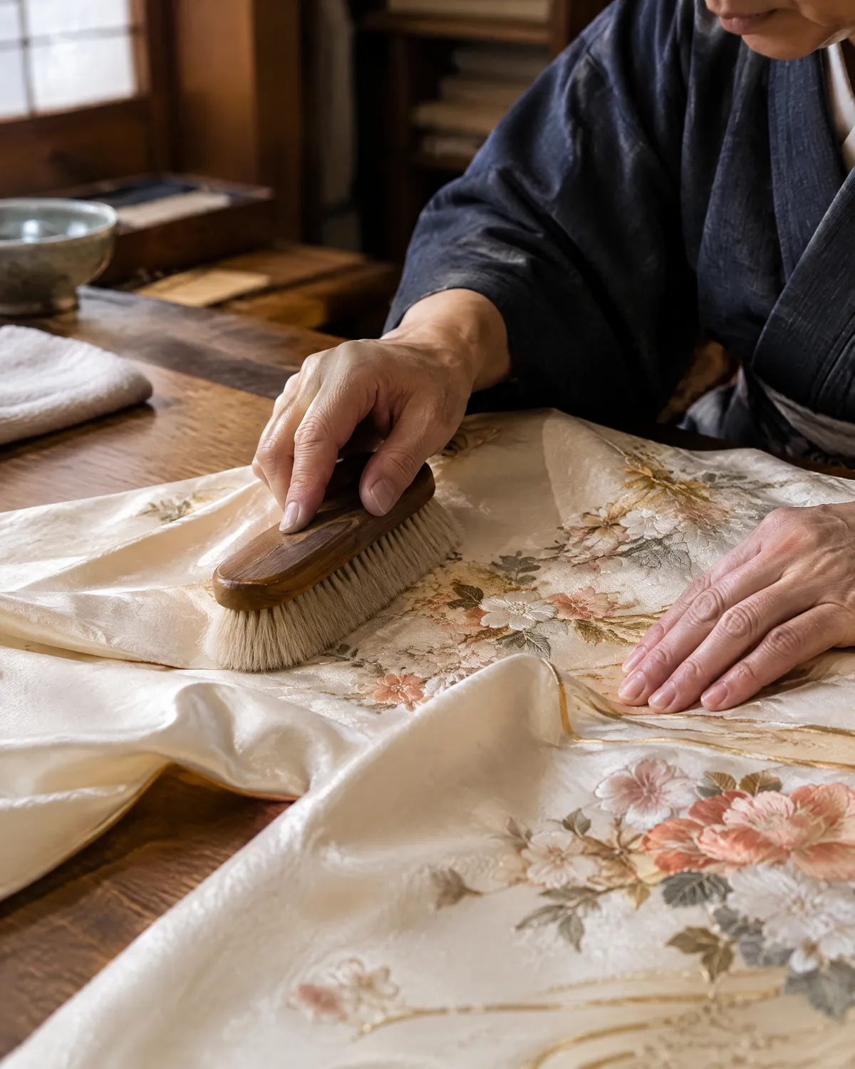 刷毛で着物を手入れする職人の手元