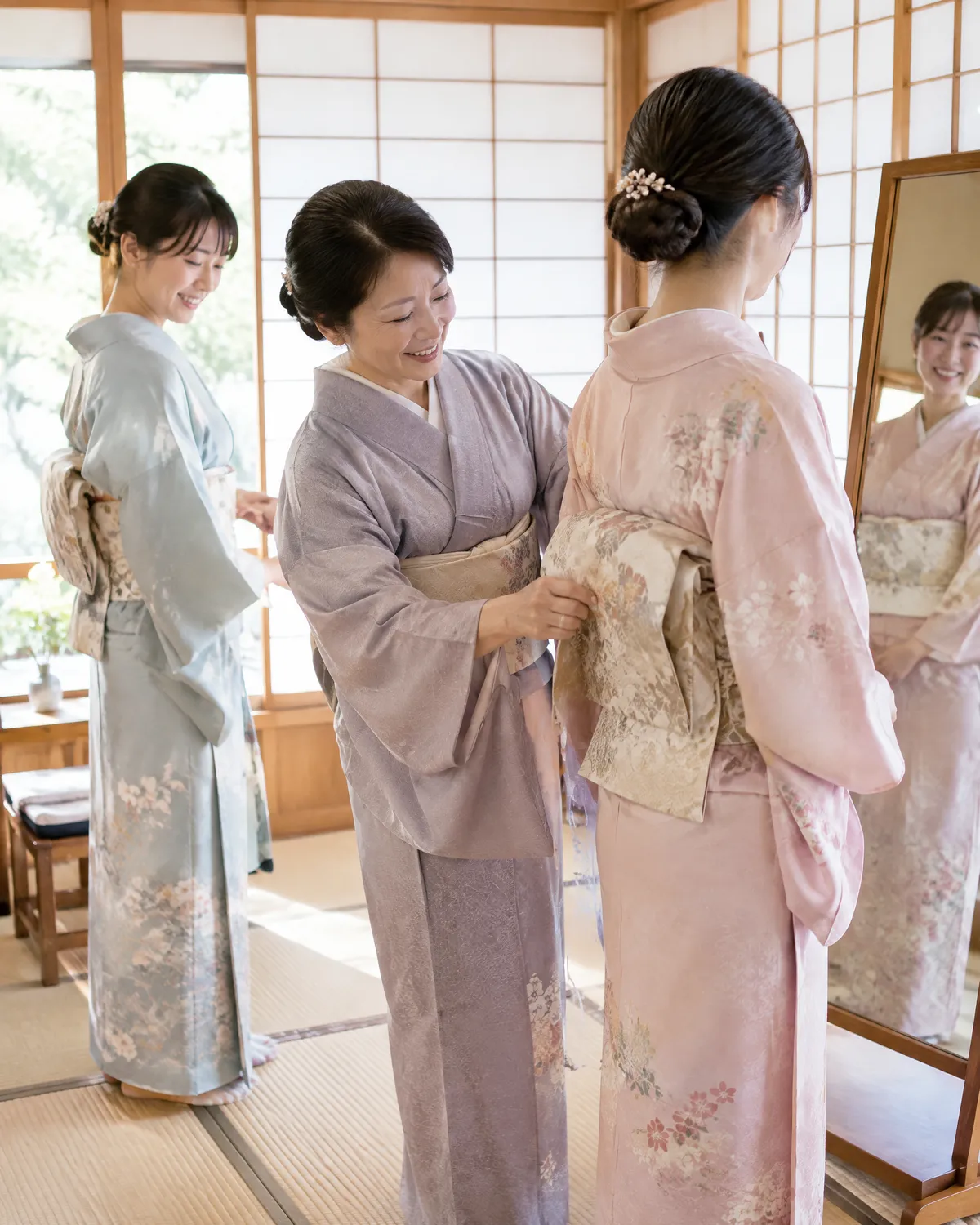 和室で講師に帯を直してもらう着付け教室の生徒