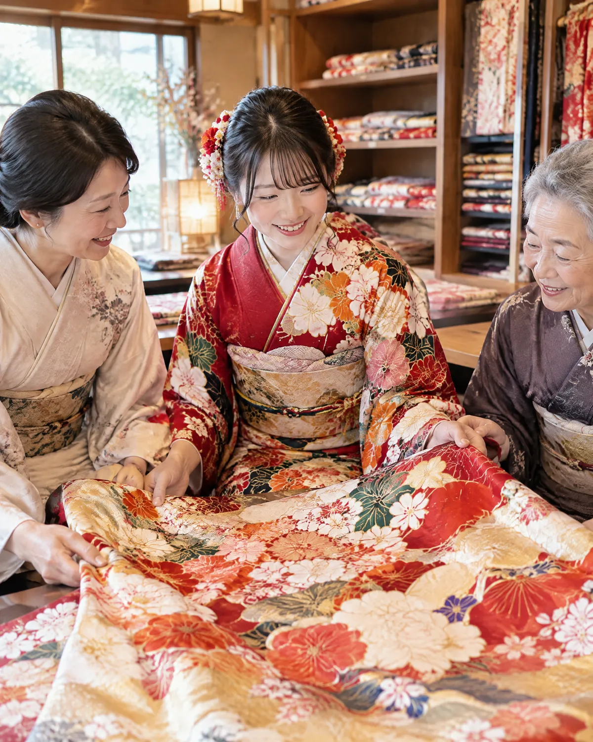 母と祖母と娘が振袖を広げて笑い合う様子